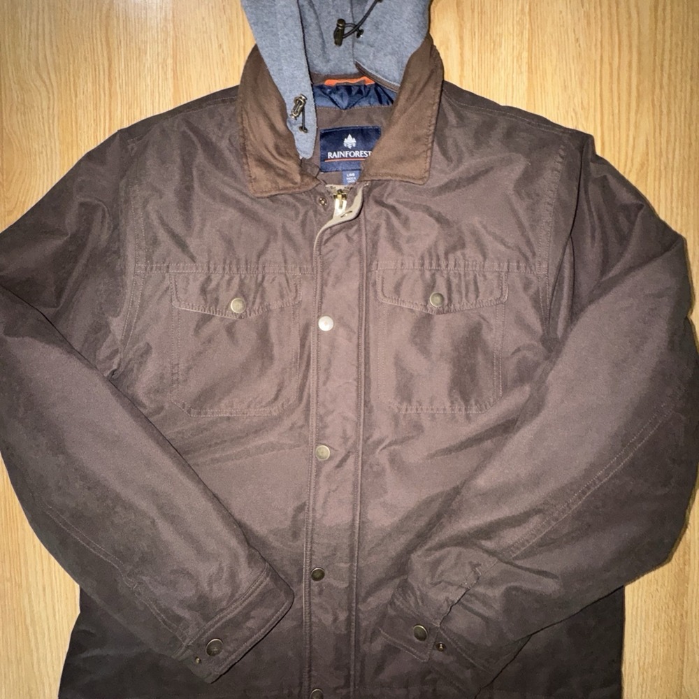 Men's Large Rainforest Chocolate Brown Zip & Snap Multi Pocket Jacket Hood - Picture 4 of 8
